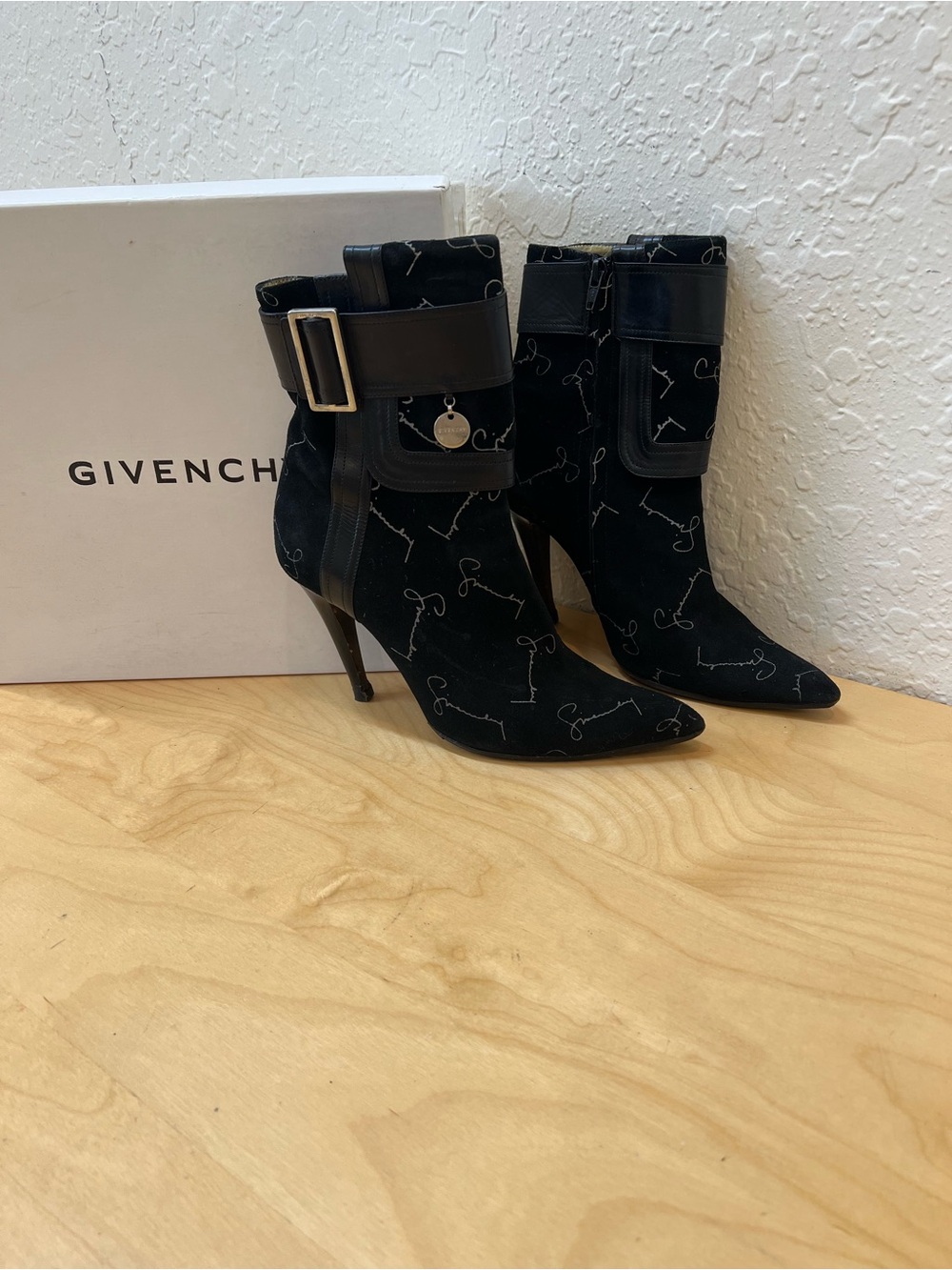 Givenchy Black Suede Pointed Toe Ankle Boots with Buckle Strap